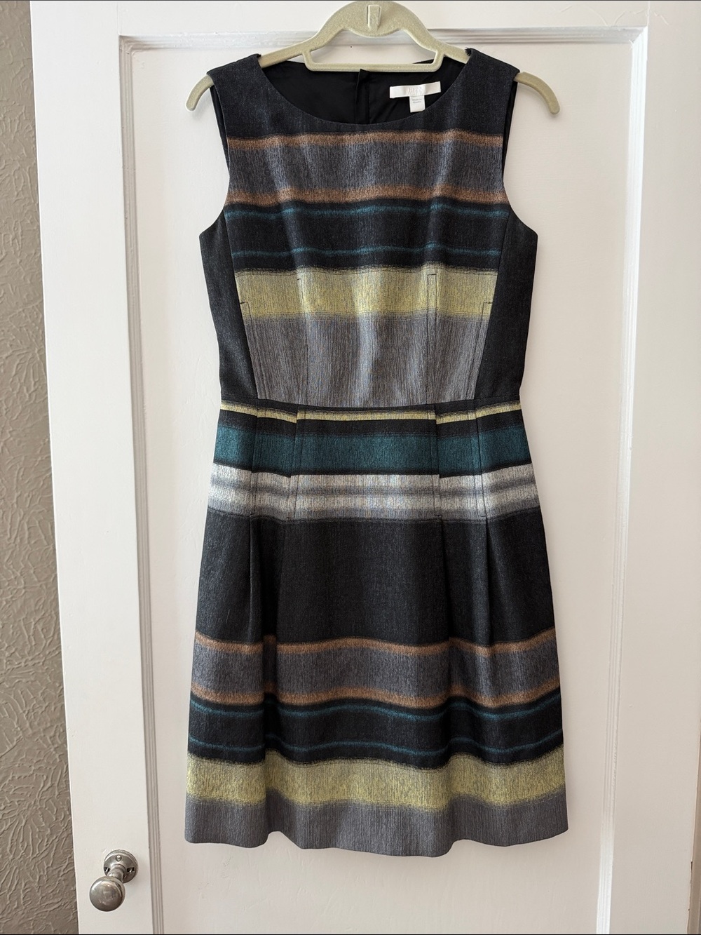 Hugo Boss Striped Sleeveless Fit-and-Flare Dress in Black, Teal, Olive & Gray